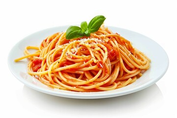 Delicious spaghetti with tomato sauce and basil on white plate. AI image