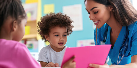 Healthcare Professional and Two Young Children Reviewing a Pink Folder