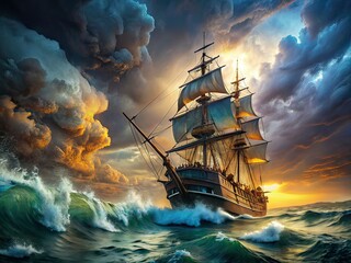 Pirate Ship Stormy Seas AI Art, Epic Nautical Generative Photo