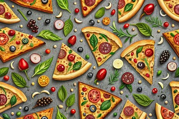 Naklejka premium Pizza Seamless Web Banner - Doodle Food Illustration
