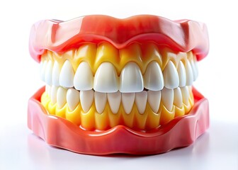 Obraz premium Plastic Teeth, Isolated, Candid, Realistic, White Background, Dental, Prosthetic, Close-up, Artificial Teeth, Smile, Dentistry, Dental Implants, Dental Care, Teeth, Fake Teeth, Implants, Dent