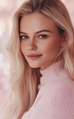 Close-up of a young woman smiling, with soft blonde hair and a pink sweater, symbolizing happiness, beauty, and positive vibes in a soft and warm atmosphere.