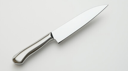 Obraz premium A sleek, stainless steel knife lies on a neutral background, showcasing its sharp blade and ergonomic handle, ideal for culinary tasks.