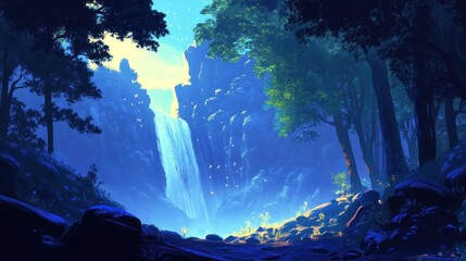 Lush forest valley waterfall scene