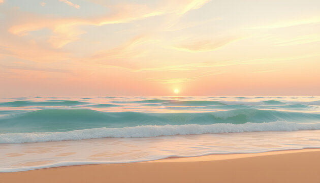 AI-generated tranquil summer beach with soft waves, golden sand, and a pastel sunset sky, creating a peaceful atmosphere