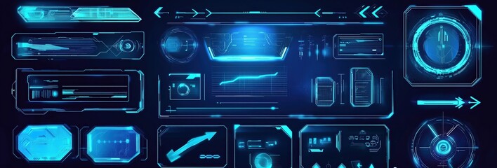 Dynamic Futuristic User Interface with Glowing Blue Elements Displayed on Dark Background
