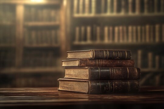 A stack of antique books with leather covers and gold-backed titles, placed on an old wooden table in front of shelves filled with other old books, against the backdrop of a classic library or study.  - Powered by Adobe