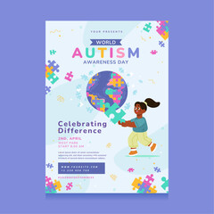 Poster for world autism awareness day featuring a girl holding a puzzle piece, suitable for raising awareness campaigns and educational materials