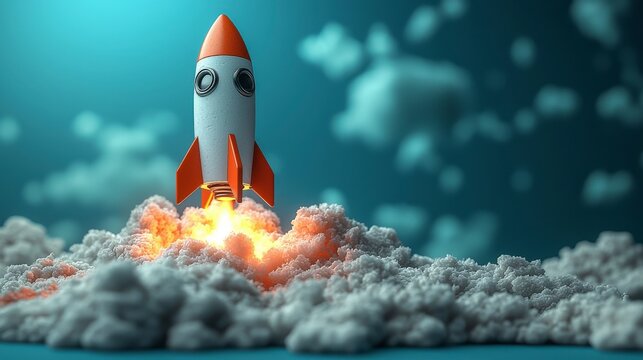 This captivating image features a white rocket ascending from a fluffy cloud base, illustrating concepts of aspiration and the pursuit of dreams in a visually appealing way.