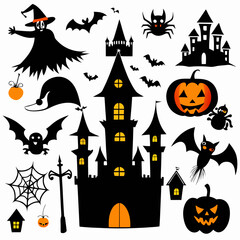 Halloween Vector Set. Spooky Black Silhouettes and Isolated Elements.