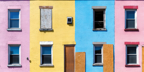 Fototapeta premium Brick Building Facade with Pastel Paint and Boarded Windows