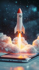Naklejka premium A dynamic scene showcasing a rocket taking off from a smartphone amidst colorful cosmic clouds, symbolizing progress and the fusion of technology with imagination.
