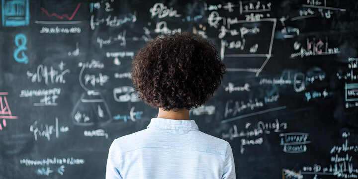 Person Viewing Chalkboard with Mathematical Equations and Diagrams