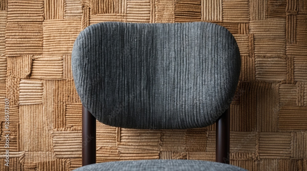 Poster gray upholstered chair against textured woven wall background with visible copy space for text usage