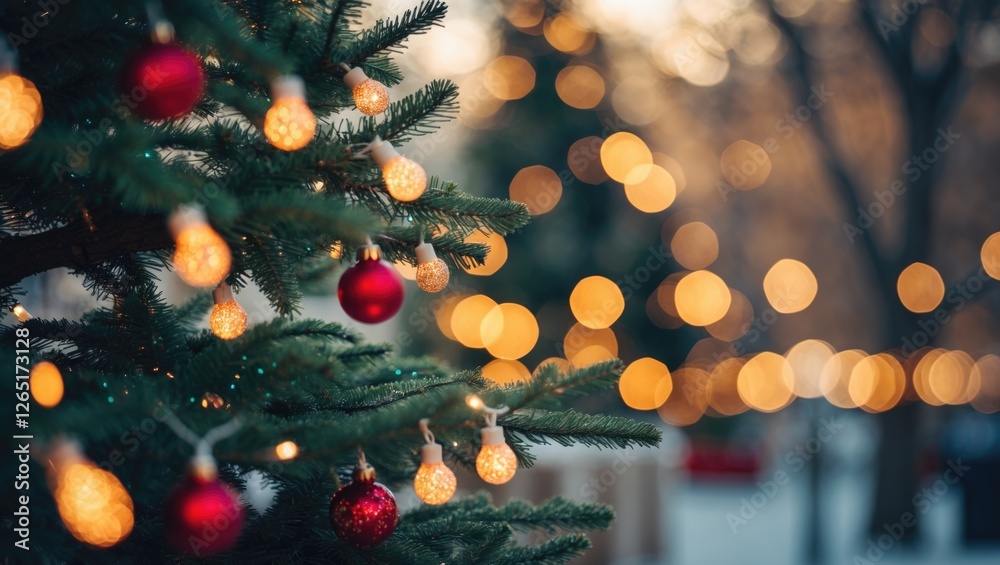 Poster christmas tree with ornaments and warm bokeh lights in a festive outdoor setting during sunset copy 