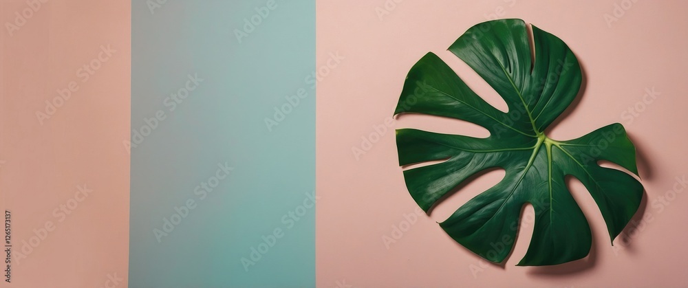 Poster monstera leaf on pastel colored background with blue and pink sections and ample copy space for text