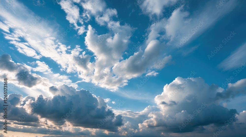 Poster dramatic blue sky filled with fluffy white clouds during daytime with sunlight and expansive view pe