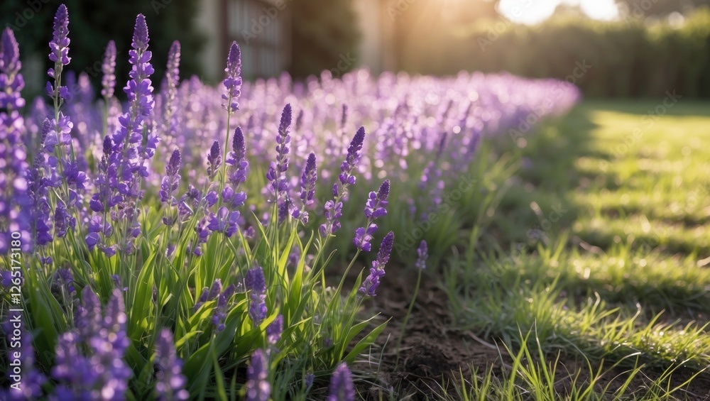 Poster lavender flowers in bloom along grassy pathway under soft sunlight with blurred background and visib