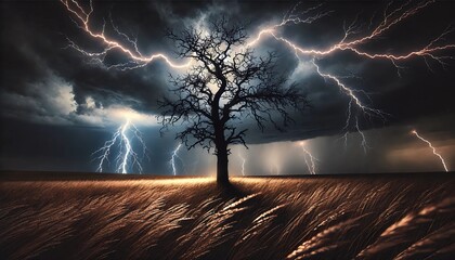 Lone Tree in a Dramatic Lightning Storm