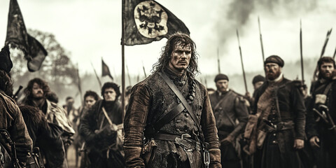 Warriors assemble for battle in the First War of Scottish Independence. Header banner mockup with copy space.