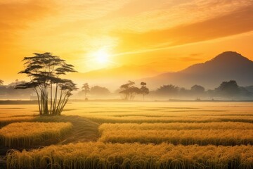 Fototapeta premium Sunrise backdrop of a pre harvest paddy field