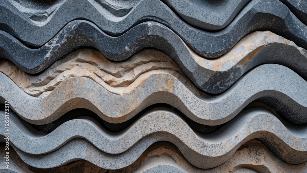 Aufkleber Abstract close-up of textured wavy stone layers in different shades of gray and beige with natural patterns and lines Copy Space