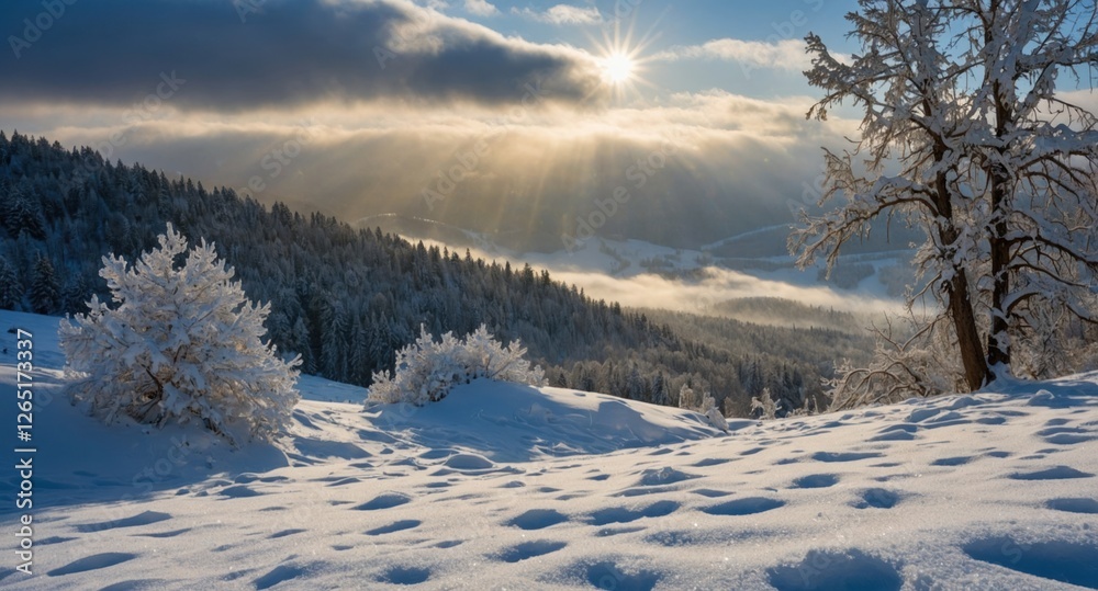 Poster snowy mountain landscape with sun rays illuminating a winter scene featuring frosted trees and untou