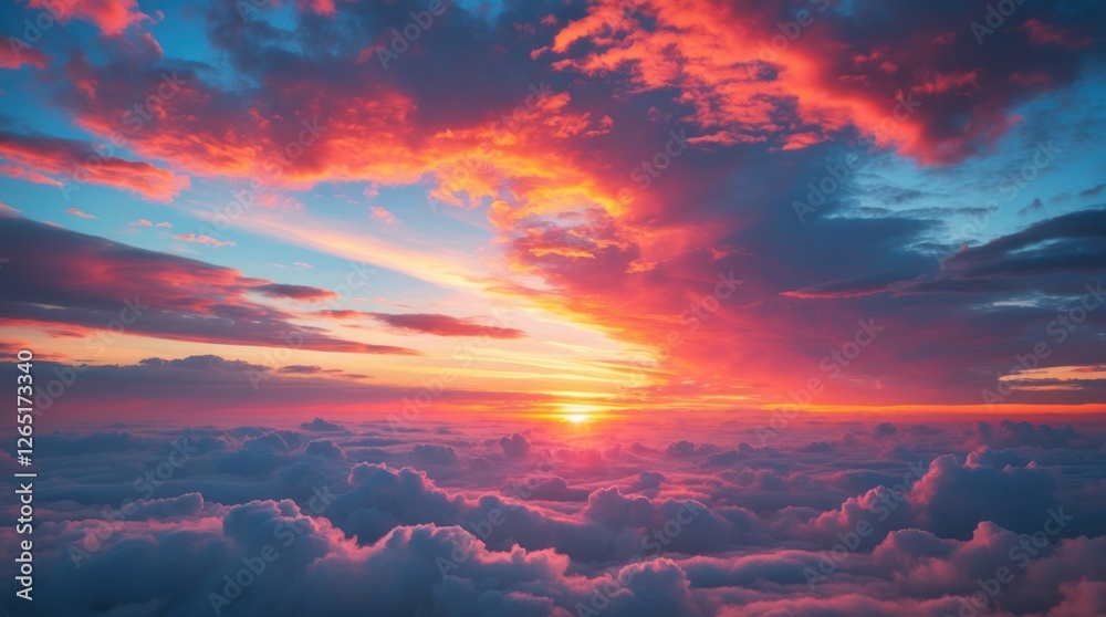 Poster colorful sunset above fluffy clouds with dramatic sky and rays of sunlight creating a serene atmosph