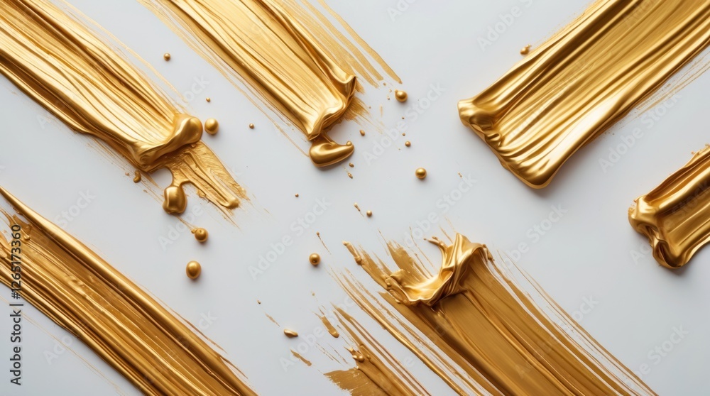 Poster Golden paint strokes on white background with splatters and drips ideal for artistic backgrounds and creative projects Copy Space