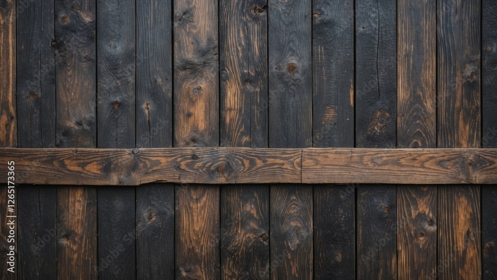 Poster Wooden planks wall with dark blackened finish and horizontal beam in center providing rustic texture and background with Copy Space