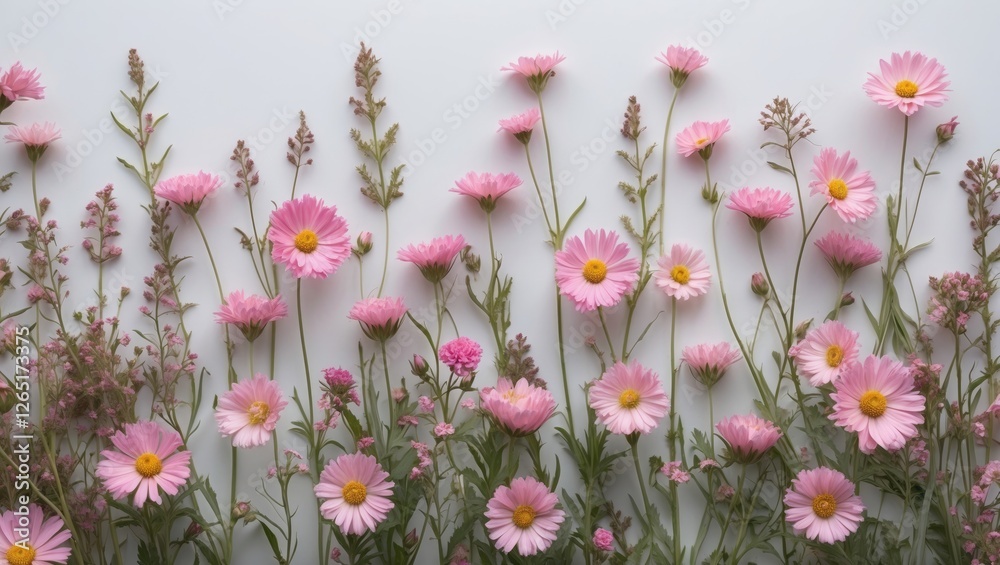 Poster pink wildflowers with yellow centers arranged neatly along a light background with ample copy space 
