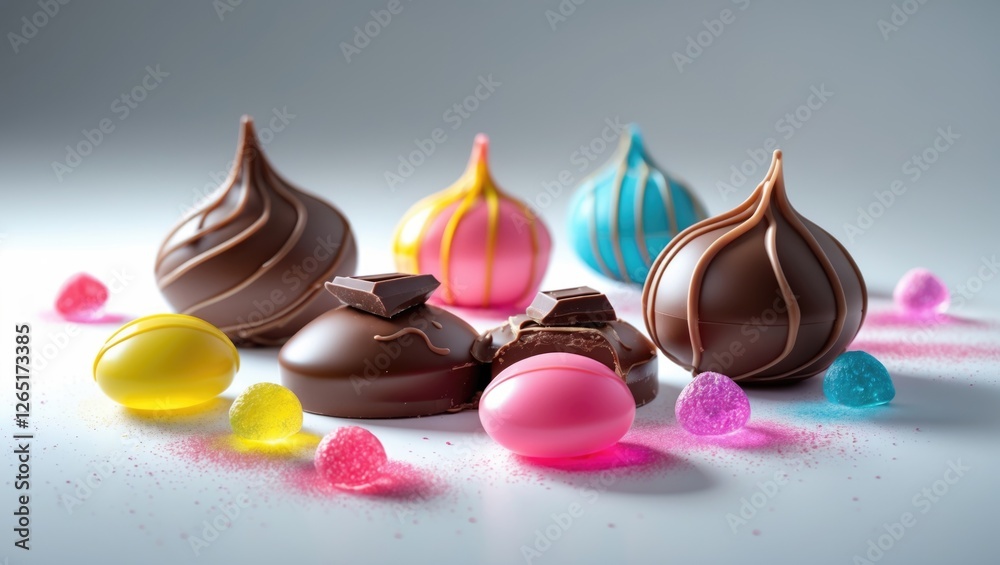 Aufkleber Assorted chocolate confections and colorful candy eggs on a neutral background with Copy Space