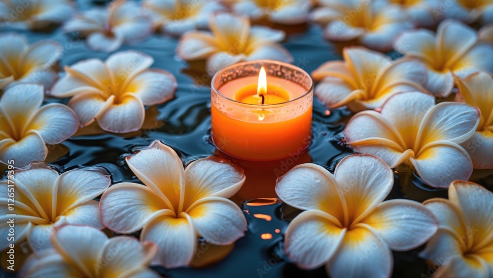 Poster floating plumeria flowers with a lit candle in a serene water setting with soft reflections and warm