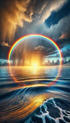 Ethereal Rainbow Over Ocean at Sunset – Surreal Sky and Waves