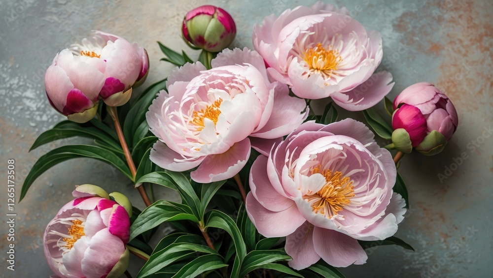 Poster Pink peonies and buds arranged artistically on textured grey background with ample copy space for text inclusion