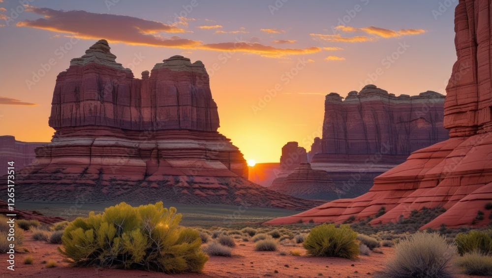 Poster sunset over rock formations in desert landscape with shrubs and dramatic clouds in sky copy space