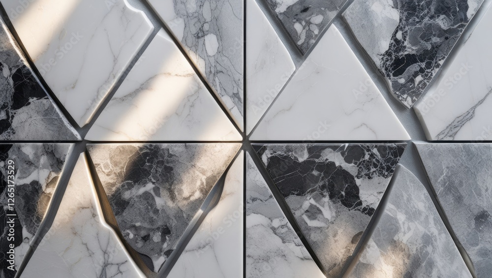 Poster geometric pattern of marble tiles in black and white shades arranged in a modern design with natural