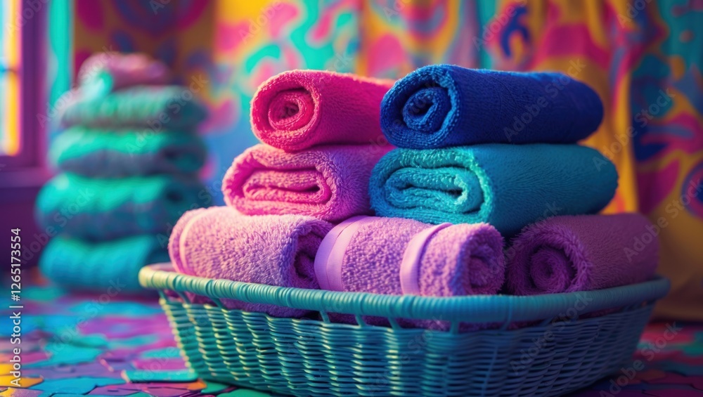 Poster colorful rolled towels in a decorative basket with vibrant background and patterned flooring showcas