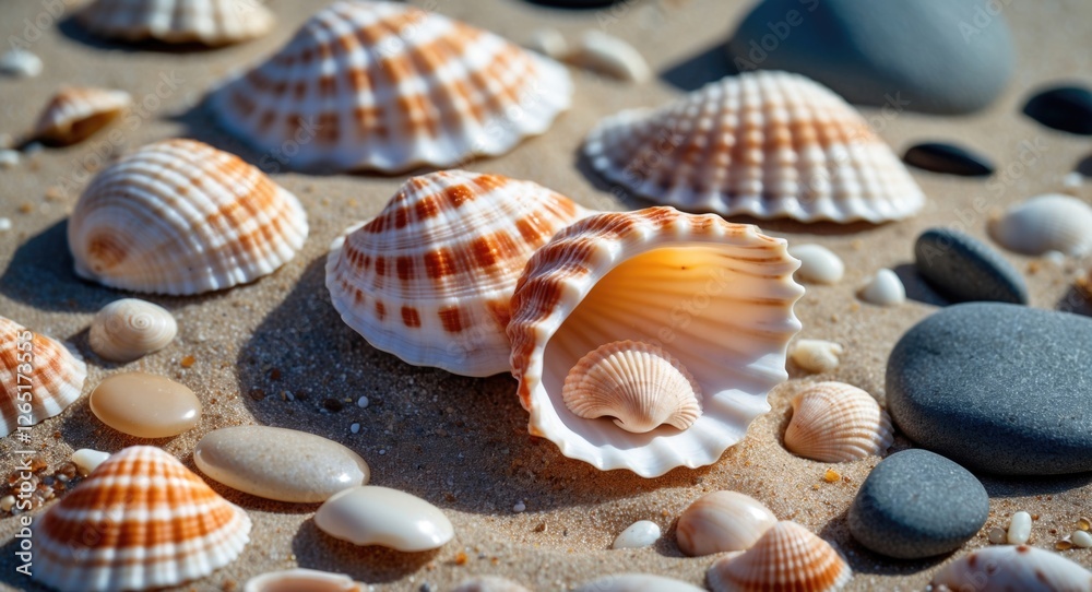 Aufkleber Variety of seashells and pebbles scattered on sandy beach with one shell open displaying a small shell inside Copy Space