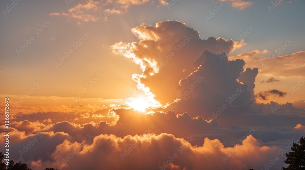 Poster sunset over clouds with vibrant orange and yellow hues illuminating the sky and dramatic cloud forma