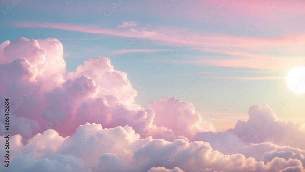 Poster colorful sunset clouds with soft pink and purple hues against a clear sky with visible sun orb and a