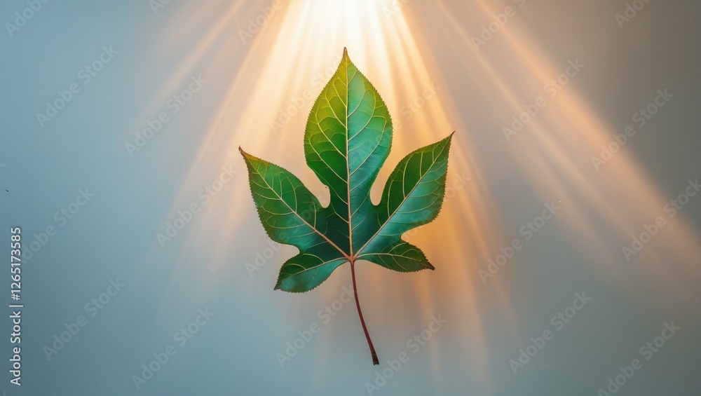 Aufkleber Green leaf displayed on a textured background with soft light rays illuminating from above Copy Space