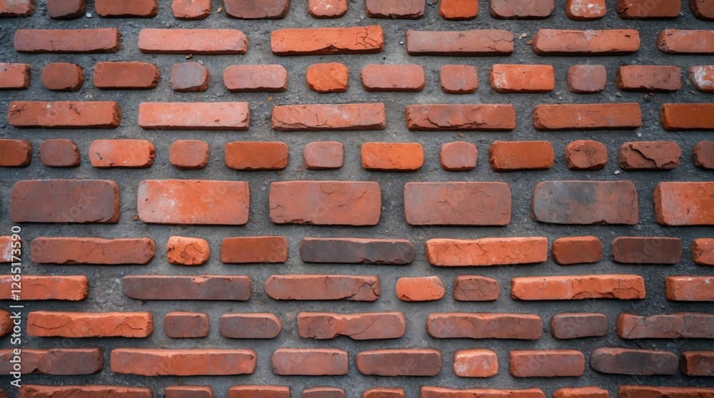 Poster Red brick wall texture with various brick shapes and sizes on a gray background providing ample copy space for design elements.