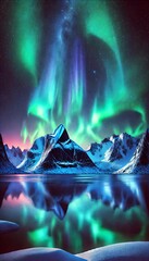 Aurora Borealis Over Snowy Mountains – Northern Lights Reflection