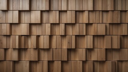 Textured wooden wall with layered blocks in natural wood finish intricate pattern and depth Copy Space