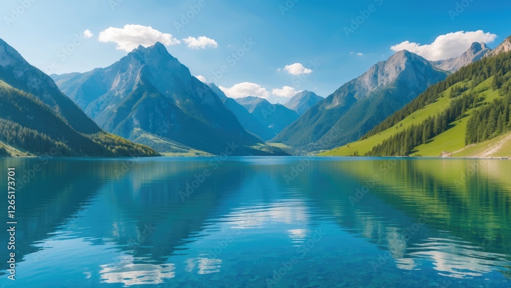 Poster mountain landscape with lake reflections under blue sky and fluffy clouds in a serene alpine setting