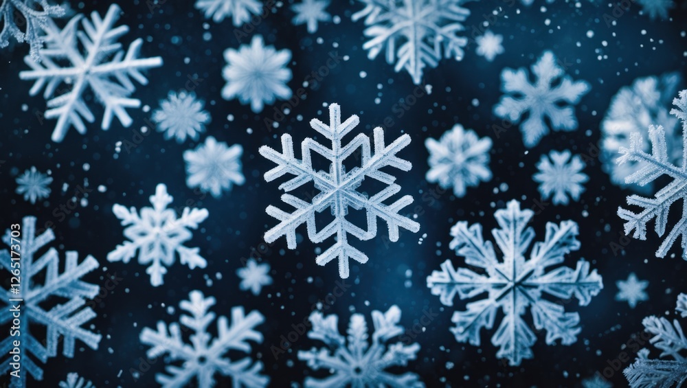 Aufkleber Snowflakes falling on a dark background with depth of field and intricate details Copy Space
