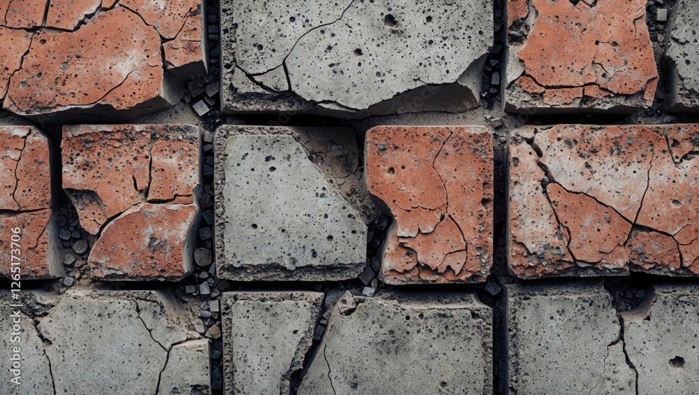 Poster Textured surface of cracked concrete and brick pavement with visible damage and imperfections ideal for background use.