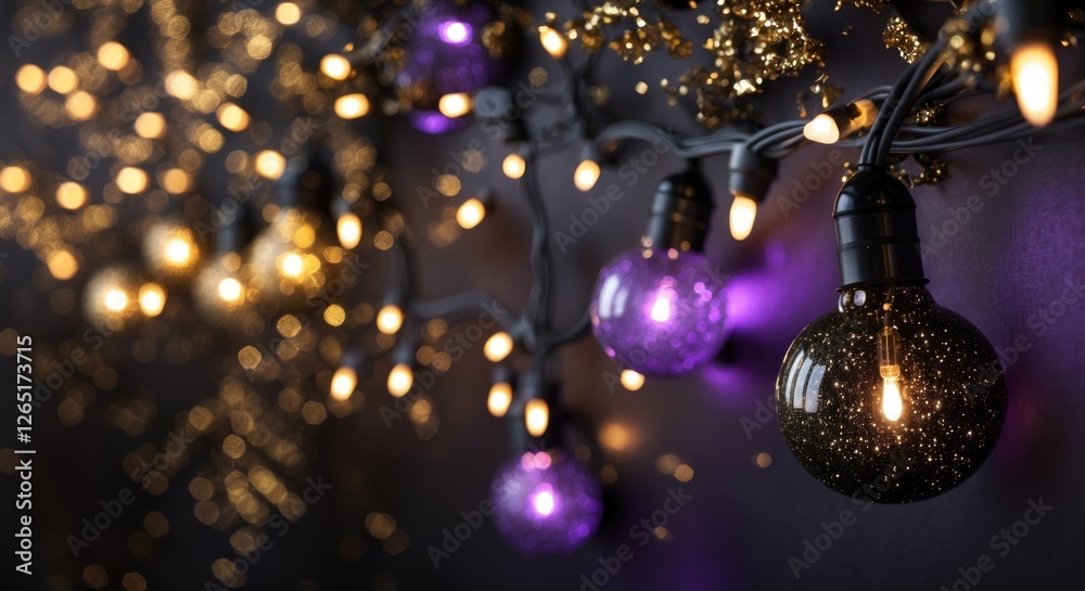 Aufkleber Colorful decorative string lights with blurred background and bokeh effect showcasing purple and black bulbs illuminated against a dark backdrop Copy Space