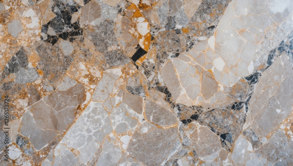 Poster Multi-colored marble stone texture background with intricate patterns and varying shades of gray, beige, and gold tones Copy Space